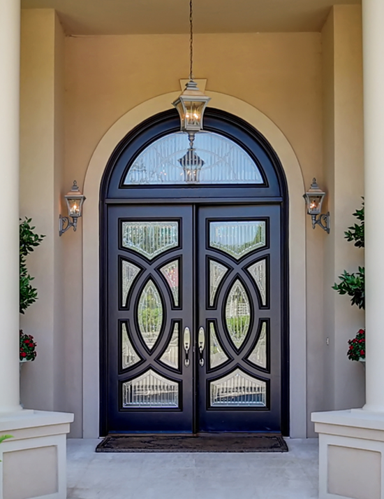 Custom Front Door Design-Decorative Rod Iron and Glass